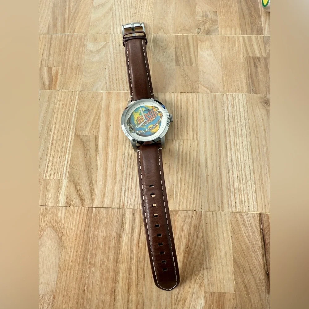Fossil mens 30th anniversary stainless steel brown leather watch NEW BATTERY